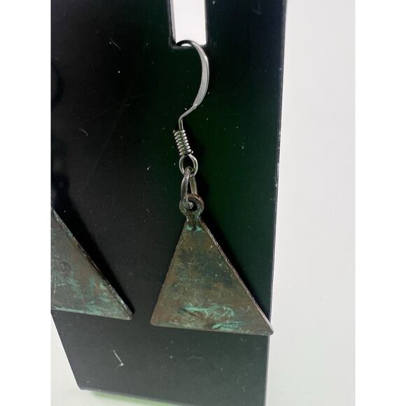 Handmade Earrings Rustic Metal Triangle Steampunk Brown Teal Dangle New - Picture 3 of 5